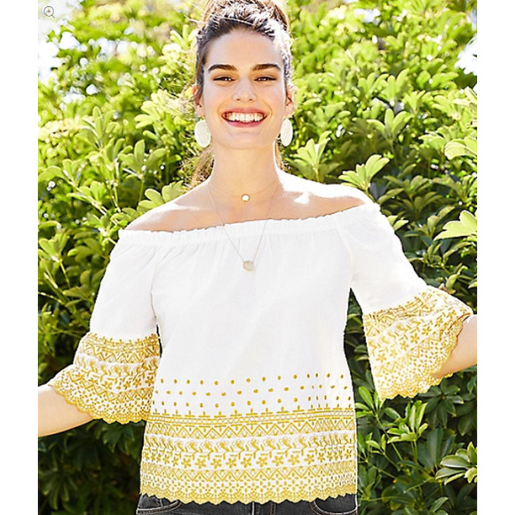 Maurices | White & Yellow Floral Embroidered Off-Shoulder Half Bell Sleeve Top - Picture 1 of 9